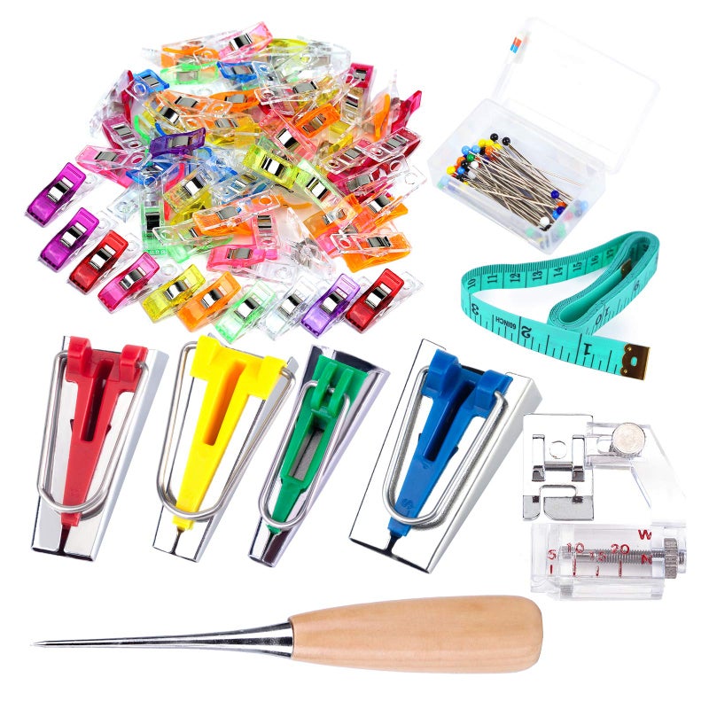 LUNARM Bias Tape Maker Kit, Bias Tape Tool with Instruction, 4 Sizes Bias Maker with 60 Pcs Sewing Clips, 50 Pcs Ball Point Pins, Awl, Sewing Machine Presser Foot for Fabric Sewing and Quilting - Image 1